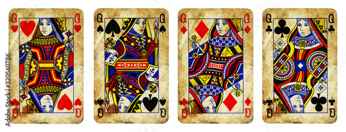 Four Queens Vintage Playing Cards - isolated on white