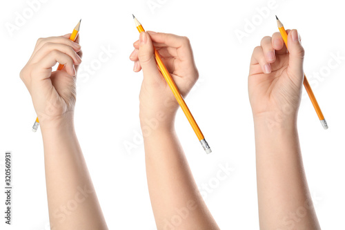 Collage of woman holding pencils on white background, closeup