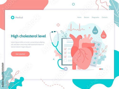 High cholesterol level. Realistic heart, stethoscope, clipboard and drugs. Web banner design template. Flat vector illustration.