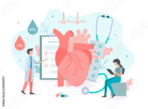 A team of doctors checks the level of cholesterol. Medicine health heart concept with tiny people. Flat vector illustration.