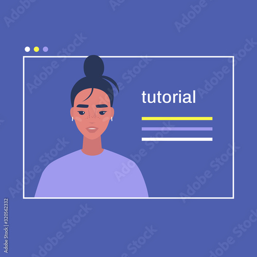 online video tutorial, cover image, a portrait of a young female character, online education