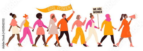 International Womens Day. Vector illustration with women different nationalities and cultures. Struggle for freedom, independence, equality.