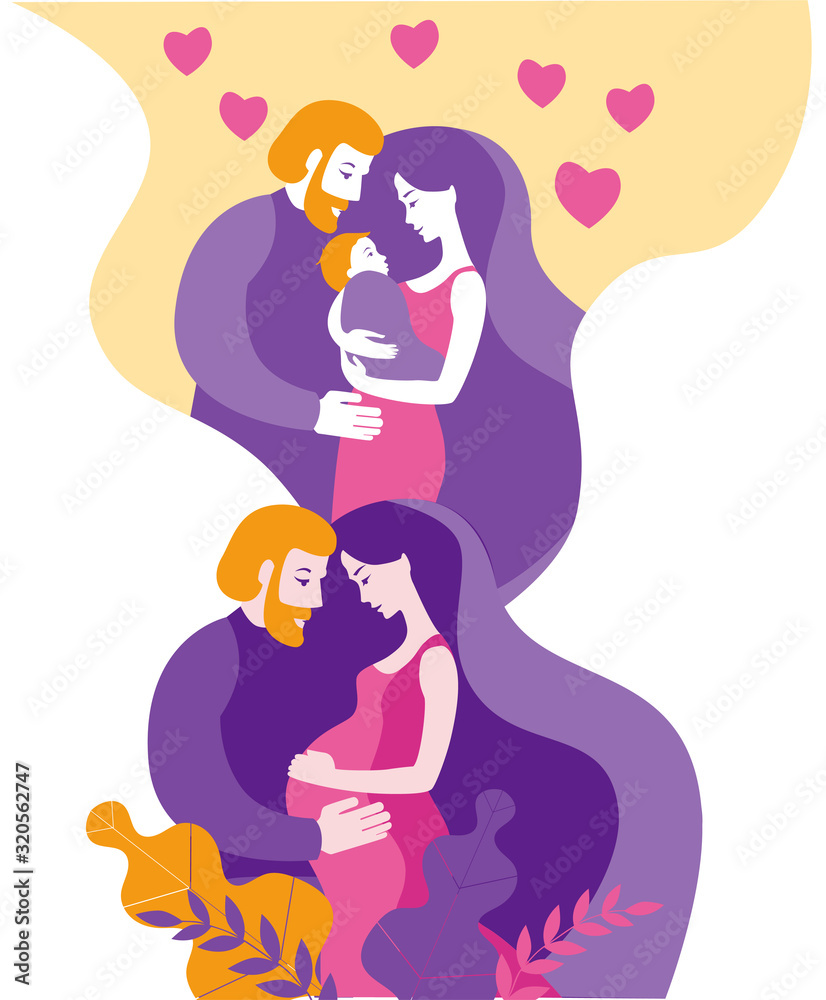 A pregnancy couple dreams of a child. Illustration in delicate colors. Vector illustration in flat style. A pregnancy couple dreams of a child. Illustration in delicate colors. Vector illustration in flat style.