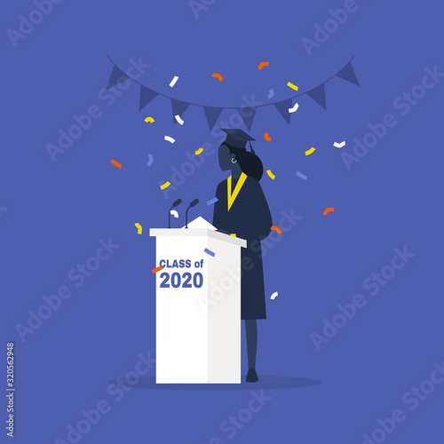 Class of 2020, Graduated black female student in a gown standing behind a tribune