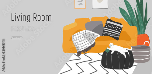 Landing page template with hand drawing Scandinavian style cozy living room with homeplants. Scandinavian or Nordic style interior. Cartoon vector