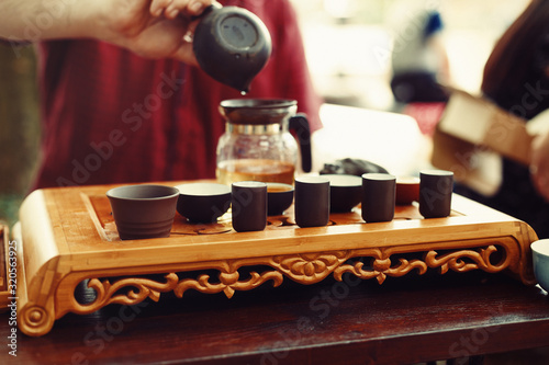 Tea set for tea ceremony. Tea ritual.