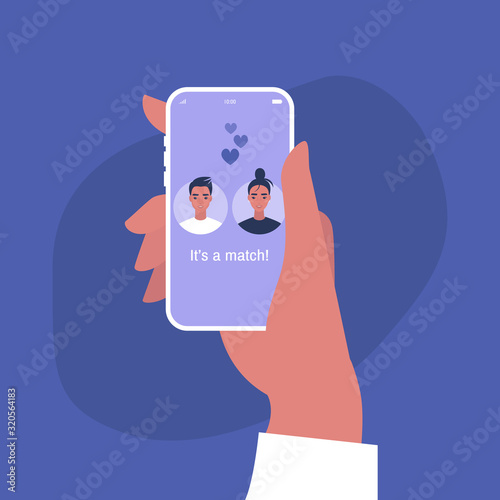 Hand holding a smart phone with a dating service mobile application on it, heterosexual relationships