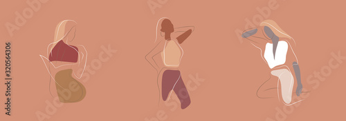 Feminine concept design template and illustration. Woman in minimal linear style Fashion illustration by femininity, beauty and modern art. Abstract poster and t-shirt print