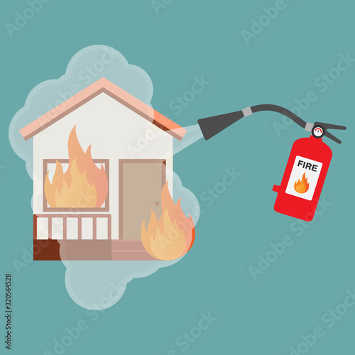 House fire, extinguish house fires with a fire extinguisher, flat design vector illustration