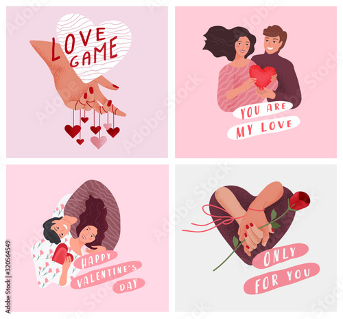 Love story of happy romantic couple. Valentines Day cute greeting card or poster. Woven hands of lovers with rose, hand play with heart. Flyers, invitation, brochure. Vector design concept
