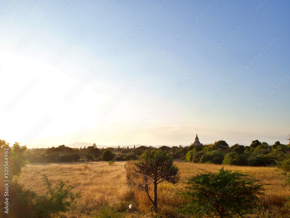 The golden and clear blue sky over the landscape of Bagna, the World Heritage Site of Myanmar