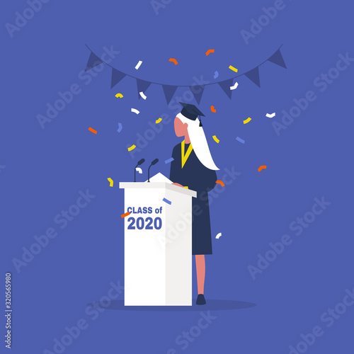 Class of 2020, Graduated female student in a gown standing behind a tribune