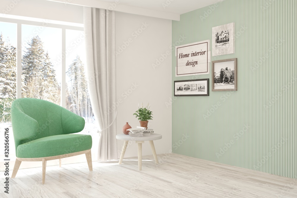 White room with armchair and winter landscape in window. Scandinavian interior design. 3D illustration White room with armchair and winter landscape in window. Scandinavian interior design. 3D illustration