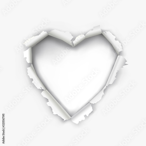  Torn paper heart,Valentines day background. Illustration of a hole in white paper in the shape of heart. Isolated on white background. Place for your text or image. Vector available.
