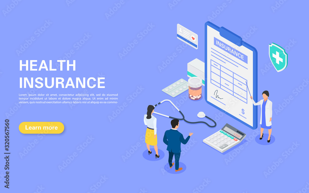 Medical insurance concept. Hospital staff tells a young couple about an insurance contract. A set of objects on the theme of medecine.
