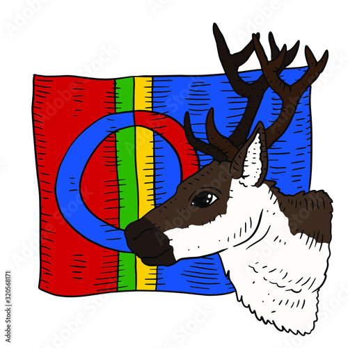 a hand drawn reindeer in front of a interpretation of the sami flag. 
