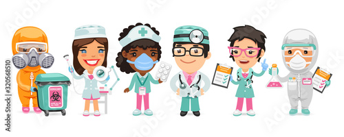 A group of cartoon doctor characters with different specializations stand on a white background. Biohazard cargo transporter, beautician, nurse, therapist and pharmacist. Flat style.