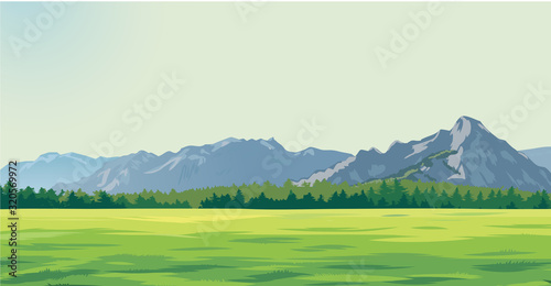 green glade against the background of mountains
