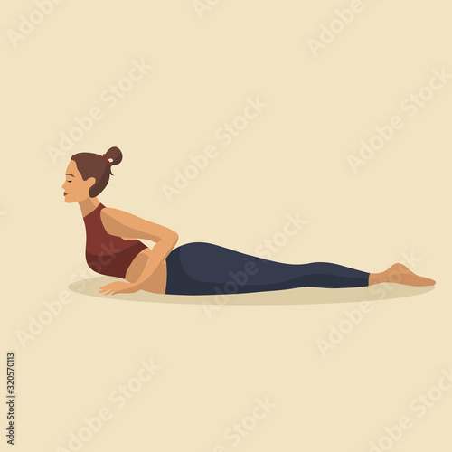 Young woman demonstrating various yoga or pilates positions isolated on light background. Concept health lifestyle. Sports female character. Stock vector illustration in flat style for sports blog.