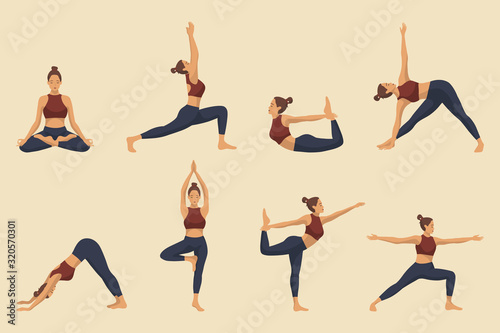 Set of yoga asanas. Young woman demonstrating various yoga or pilates positions isolated on light background. Concept health lifestyle. Sports female character.