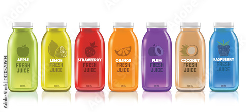 Fresh juice realistic glass canned bottle set. Healthy organic product, natural vegan nutrition vector packaging mockup.