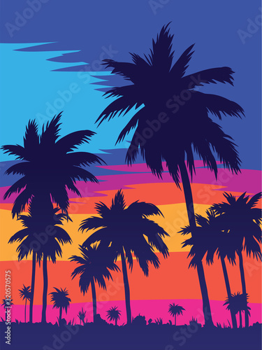 palm trees, beach and the blue sky with clouds