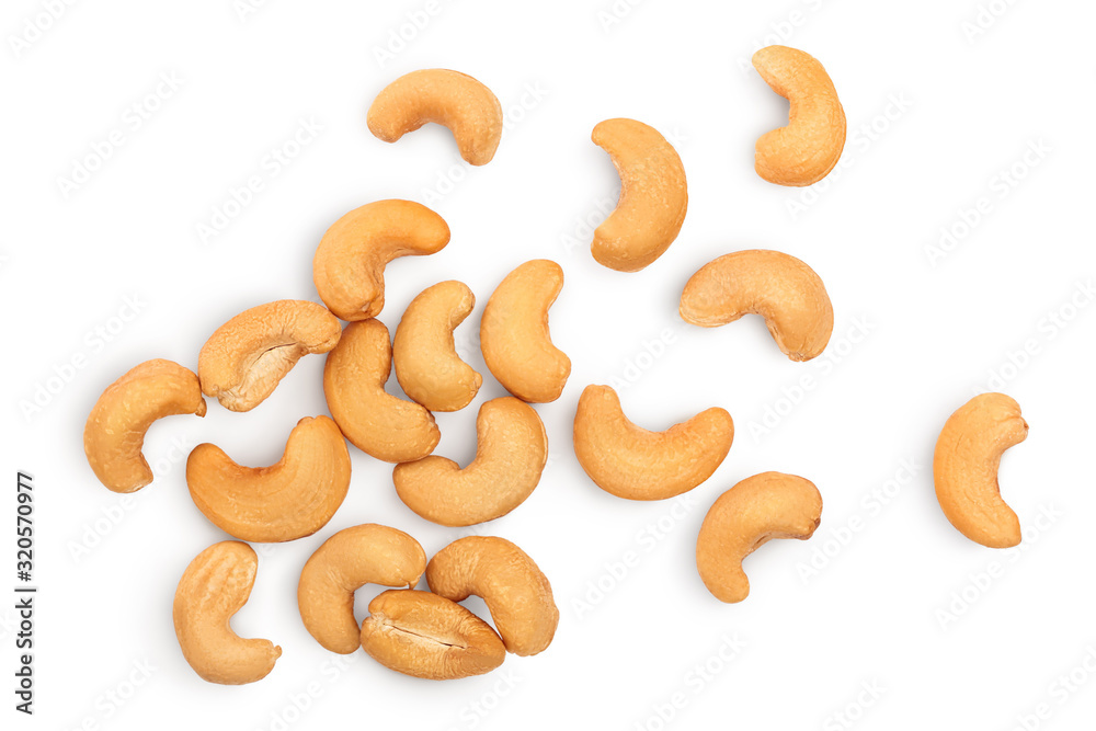 Roasted Cashew nuts isolated on white background with clipping path and full depth of field. Top view. Flat lay