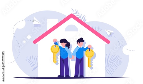 Happy family with keys to a new home. Illustration on the topic of mortgage lending. Silhouette of the house with the tenants. Modern flat illustration.
