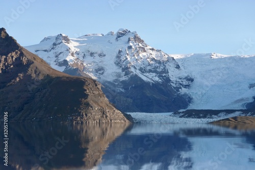 Beautiful scenery mountain in Iceland with smooth reflection and snow on the mountains.