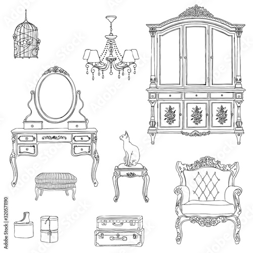 Set of furniture and decorative elements for interiors in Provence style. Hand-drawn vector illustration
