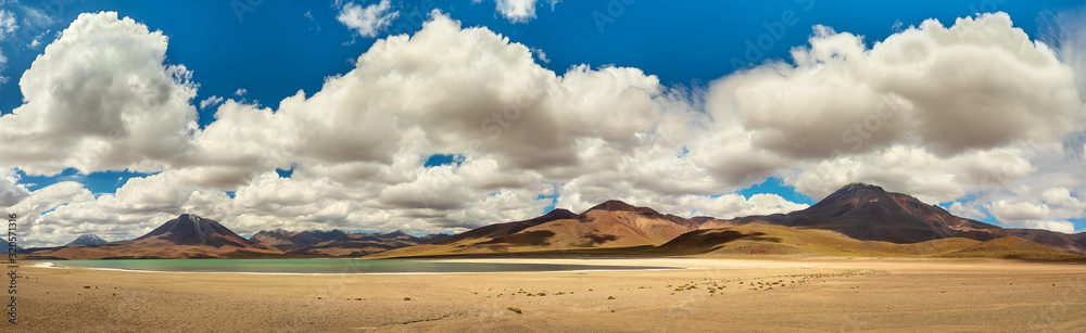 Laguna Miscanti. Panorama of salt lake and mountains, Atacama Altiplana desert. Chile, South America