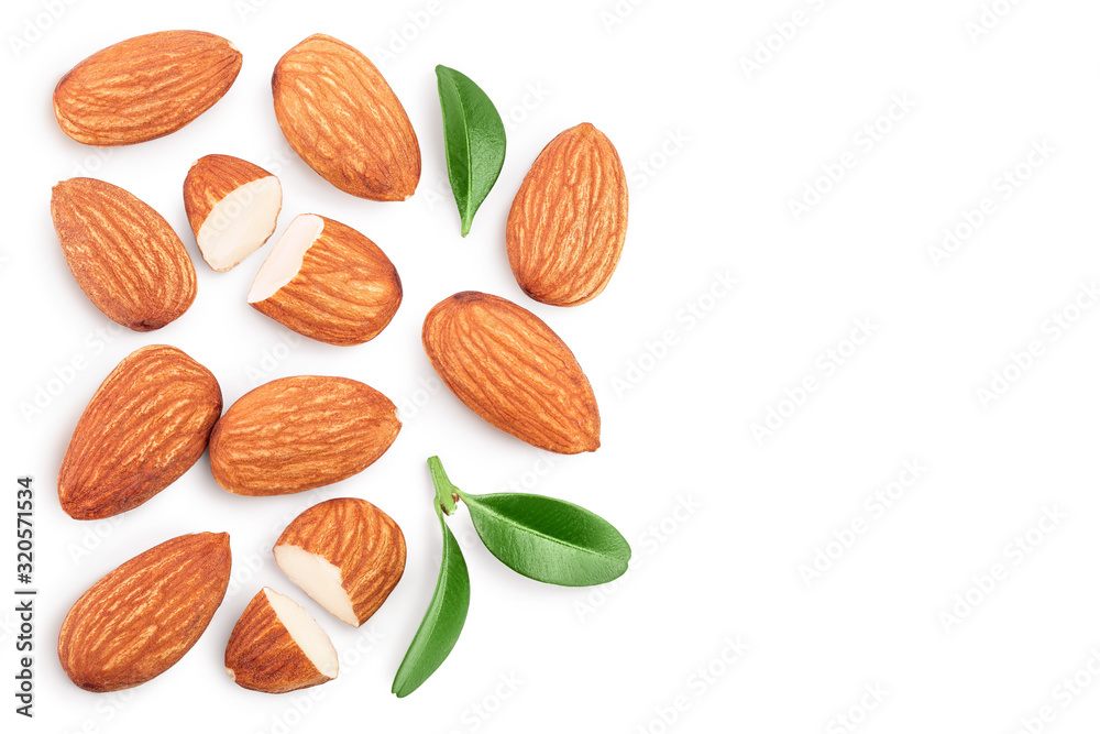 Almonds nuts with leaves isolated on white background with clipping path and full depth of field. Top view with copy space for your text. Flat lay Almonds nuts with leaves isolated on white background with clipping path and full depth of field. Top view with copy space for your text. Flat lay