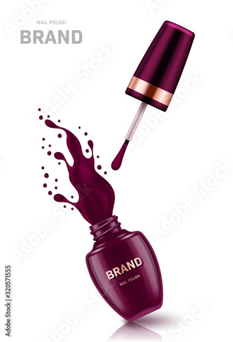 Realistic open nail polish bottle with splash and golden lid on white background. Cosmetic brand advertising concept design