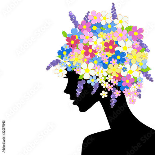 Abstract woman profile with flowers in her head