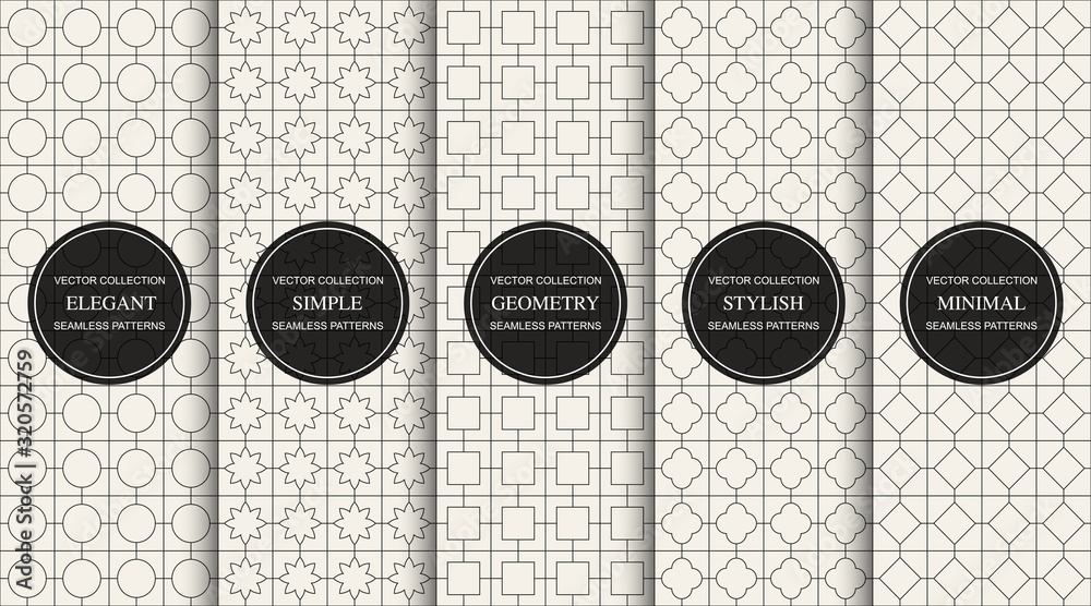 Obraz Set of vector seamless simple geometric patterns. Repeating ornamental backgrounds - oriental grid textures. Vintage linear prints