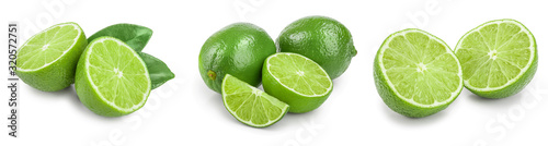lime with half and leaf isolated on white background. Set or collection
