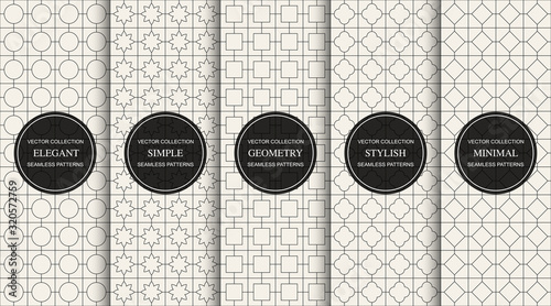 Set of vector seamless simple geometric patterns. Repeating ornamental backgrounds - oriental grid textures. Vintage linear prints