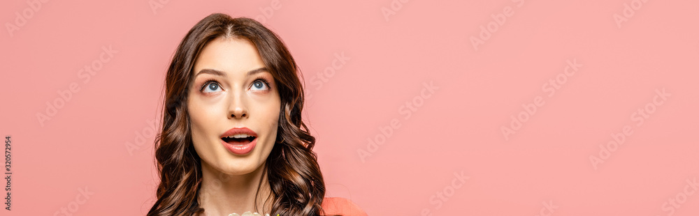 panoramic shot of surprised young woman looking up isolated on pink panoramic shot of surprised young woman looking up isolated on pink