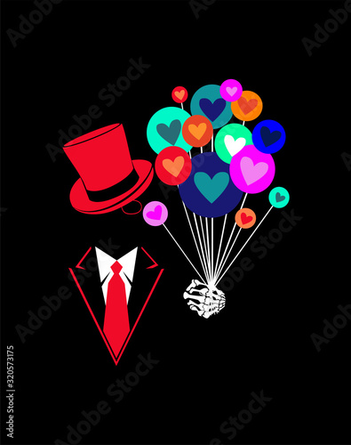 Valentine background with skull holding balloons and hearts