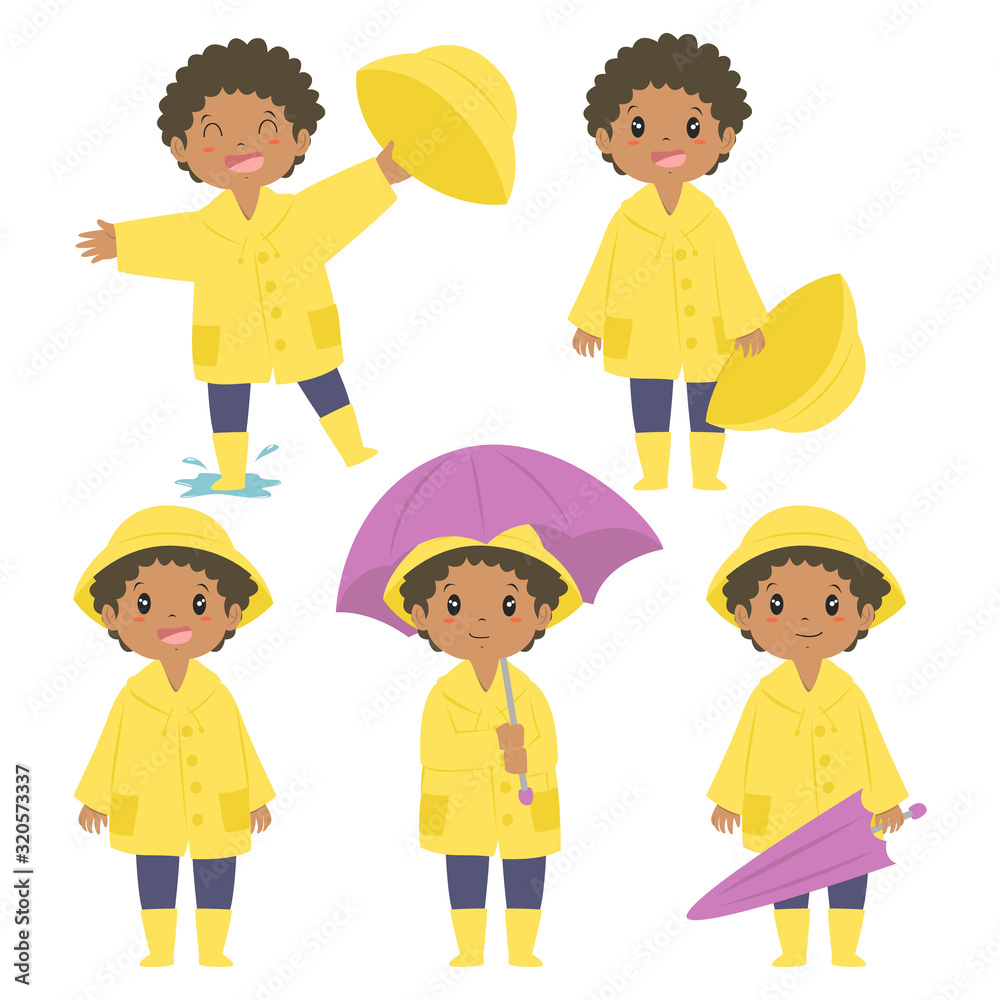 cute African American little boy in yellow raincoat and holding a purple umbrella, cartoon vector set. cute African American little boy in yellow raincoat and holding a purple umbrella, cartoon vector set.