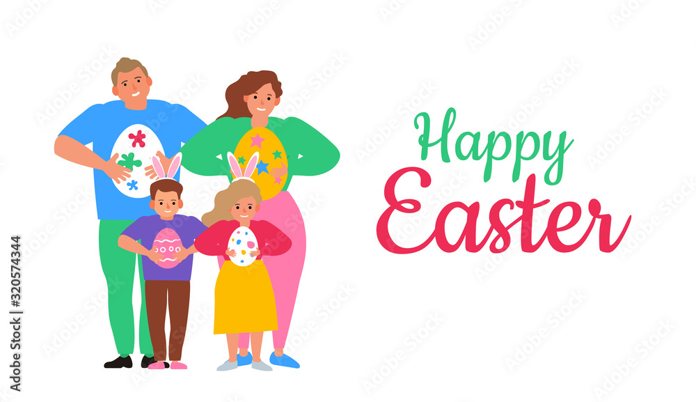 happy easter family holding decorative eggs vector illustration happy easter family holding decorative eggs vector illustration