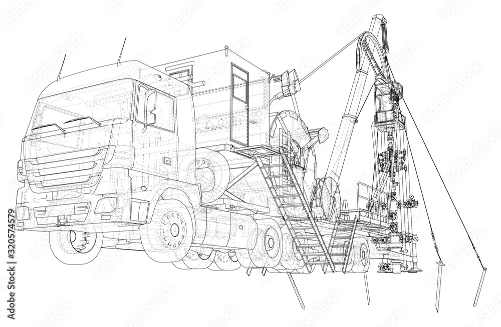 Wire-frame line truck isolated on white. Vector rendering of 3d.