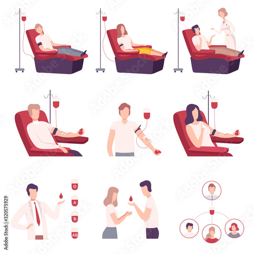 Donors Giving Blood in Medical Hospital Collection, Volunteers Characters Sitting in Medical Chair Donating Blood Flat Vector Illustration