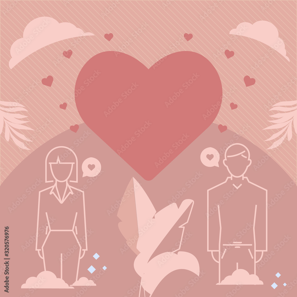 valentines day flat design. between man and woman heart and love. vector illustration