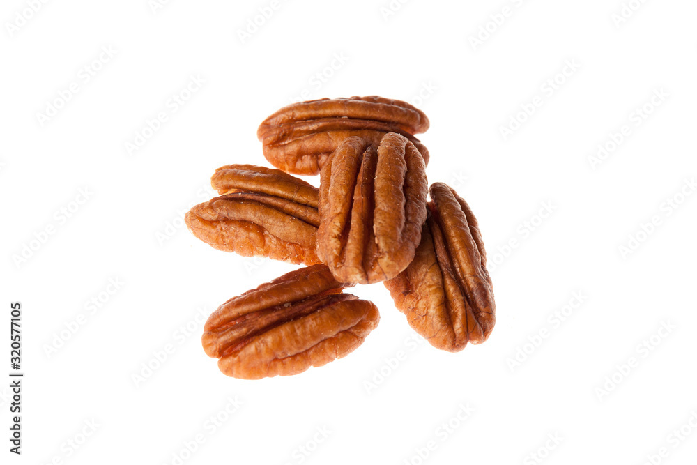 Brown pecan nut isolated on white background. Healthy and diet food. Brown pecan nut isolated on white background. Healthy and diet food.