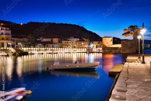 Panoramic view of the illuminated port of Nafpaktos  Greece. Nafpaktos is a popular tourist destination and a picturesque coastal town  former municipality in Aetolia-Acarnania  West Greece