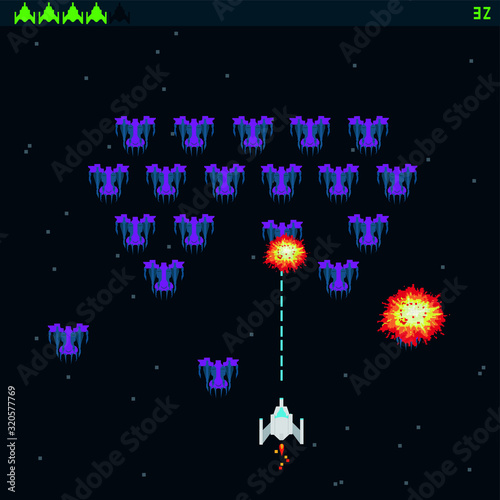 Retro video game, screen, arcade space warships, shooting, background map, vector graphic design illustration. 16 bit, 8 bit . Space place. Battles under the stars. Old computer games.