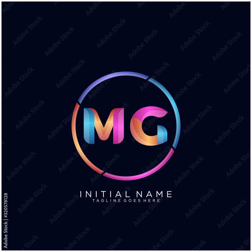 Initial letter MG curve rounded logo, gradient vibrant colorful glossy colors on black background - obrazy, fototapety, plakaty 
