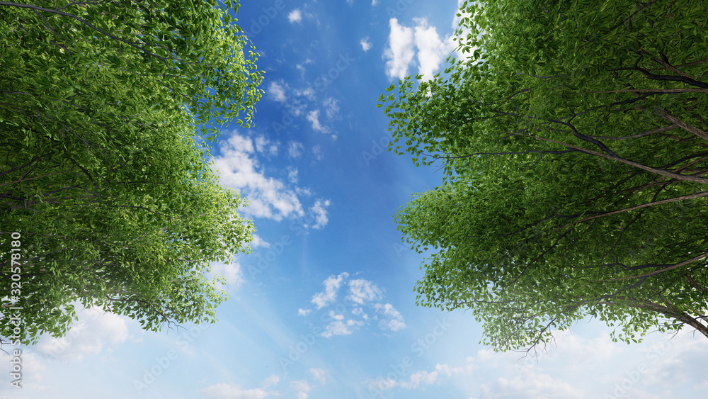 Frame of green leaves with sky background.3D illustration Frame of green leaves with sky background.3D illustration