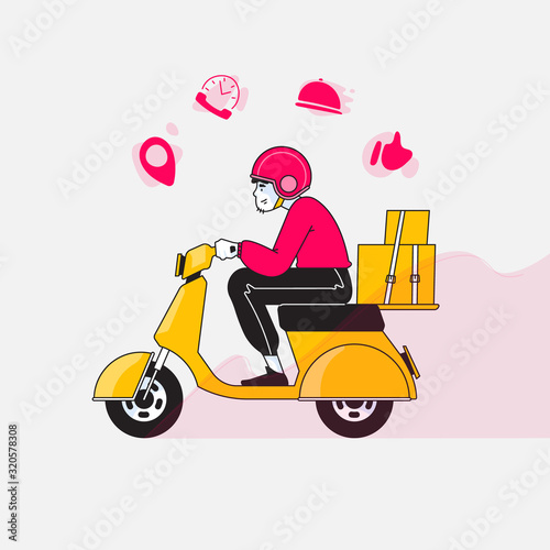 Delivery, happy delivery man or boy riding scooter or moped to deliver packages to destination in time, delivery service icons on his head vector illustration